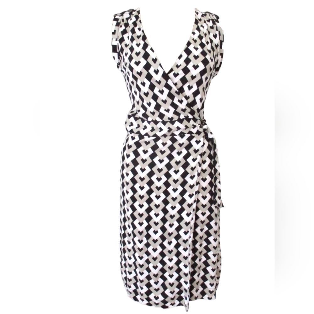 Black, Tan and White Sleeveless Wrap Dress